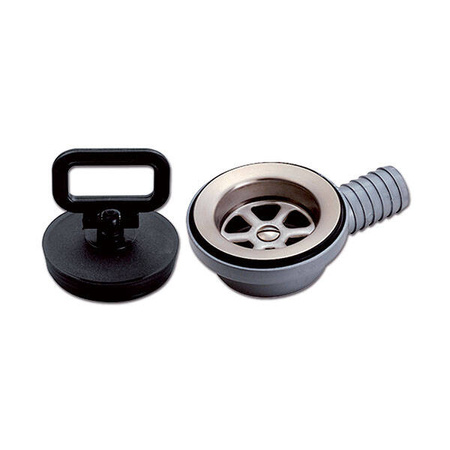 90° angled sink drain with plug, 1 1/4" thread, hose connector Ø 20 and 25 mm - motorhome, caravan, boat