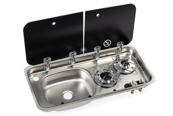 Kombinacja kuchenki i zlewu – z dwuczęściową szklaną pokrywą