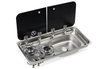 Kombinacja kuchenki i zlewu – z dwuczęściową szklaną pokrywą