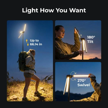 BougeRV Lampa kempingowa teleskopowa LED 3000 lm 15600 mAh - do 168 cm, IPX5, powerbank