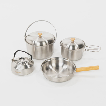 BOXIO COOKWARE - stainless steel camping cookware set, 2 pots, pan and kettle