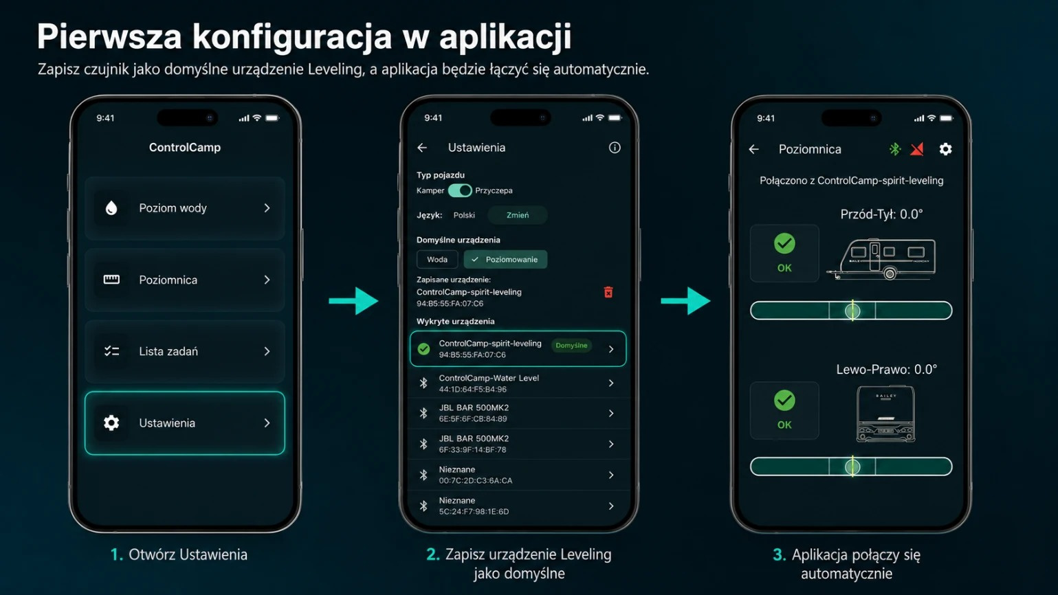 Konfiguracja czujnika ControlCamp Leveling w aplikacji