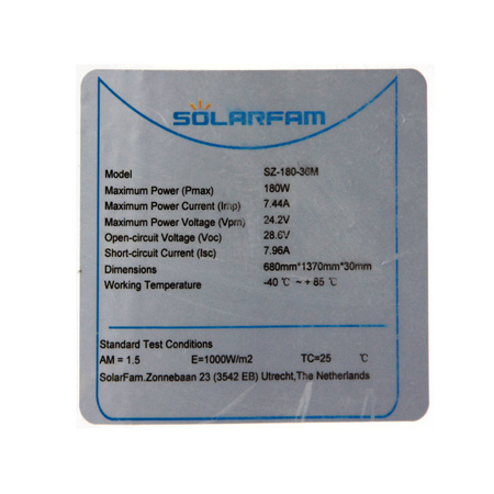 Panel fotowoltaiczny 180Wp monokrystaliczny 1370x680x30mm SOLARFAM