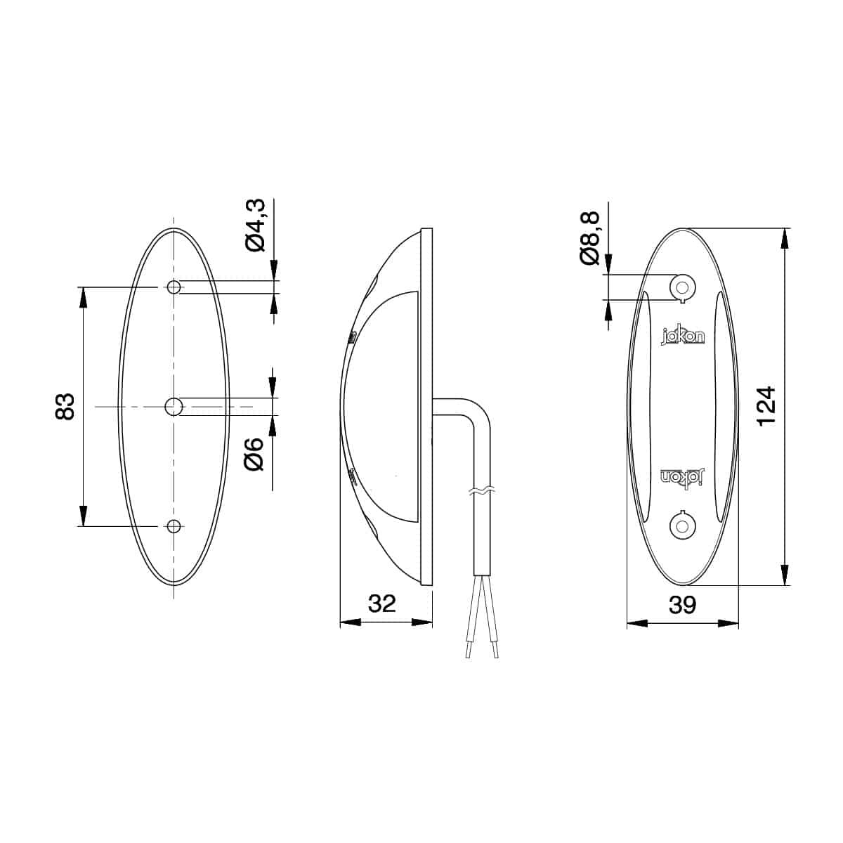 Rysunek wymiarowy lampy Jokon SPL 2011: 124 x 39 x 32 mm, rozstaw otworów 83 mm