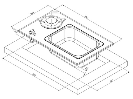 Kombinacja płyty kuchennej i zlewu - 1-palnikowa z bezpiecznym szkłem