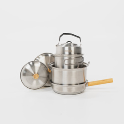 BOXIO COOKWARE - stainless steel camping cookware set, 2 pots, pan and kettle