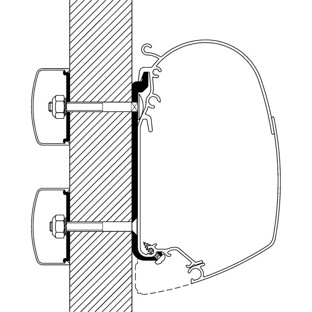 Płaski adapter Thule 4,50 m do markizy Omnistor - przekrój montażu na ścianie