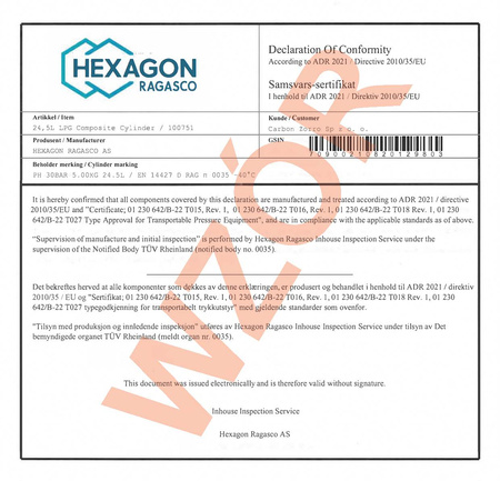 Butla na gaz propan-butan kompozytowa 11kg (24,5L LPG) bez OPD Hexagon Ragasco