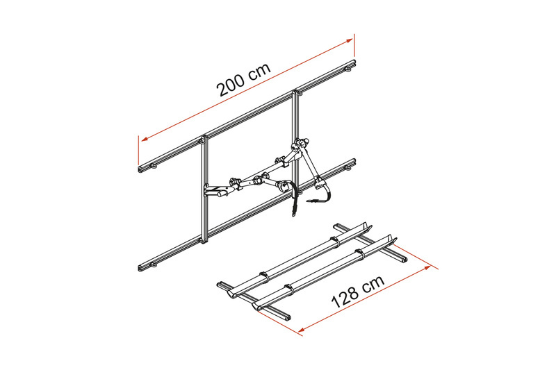 Fiamma Garage Pack Plus dimensions - 200 cm frame, 128 cm rails