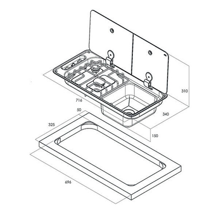 Randi 2-burner right-hand sink with piezo