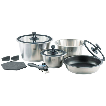Cookvision nesto zestaw garnków 11 elementów - 3 garnki, patelnia, pokrywki, zdejmowany uchwyt, do indukcji, do kampera
