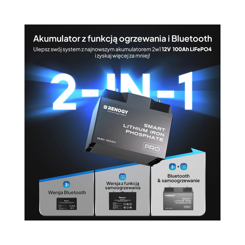 Akumulator Renogy LiFePO4 12V 100Ah Pro Smart z Bluetooth i funkcją samonagrzewania - widok