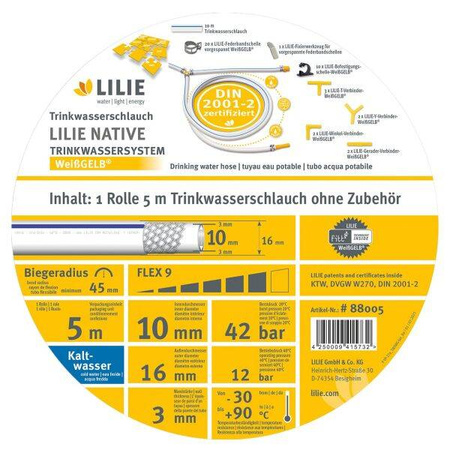 LILIE Wąż do zimnej wody pitnej WeißGELB 10 x 16 mm 5 m - instalacja wody w kamperze