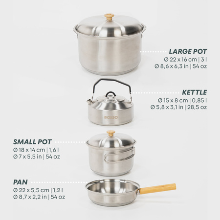 BOXIO COOKWARE - stainless steel camping cookware set, 2 pots, pan and kettle