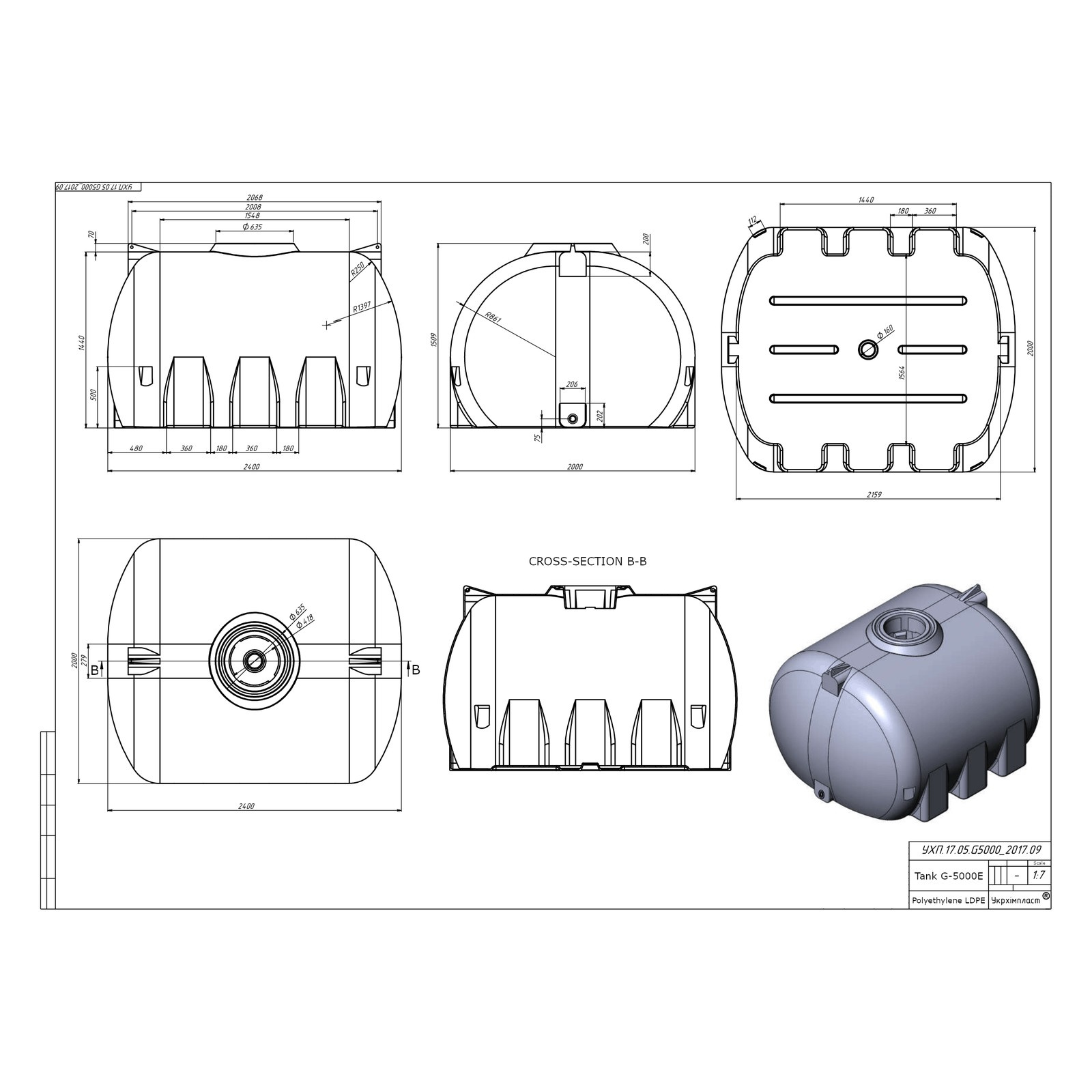 Rysunek techniczny zbiornika UHPLAST G-5000E z wymiarami