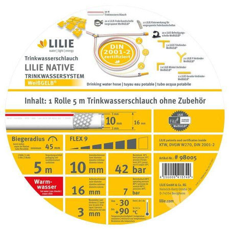 LILIE wąż do ciepłej wody pitnej WeißGELB 10 x 16 mm, 5 m - TPU, kamper i przyczepa