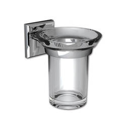 Toothbrush holder with glass cup - square mounting base, 99 x 125 x 117 mm, for motorhome and caravan bathrooms