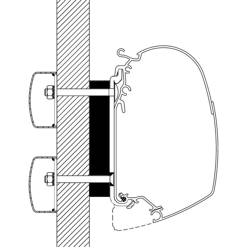 Adapter Thule do Dethleffs Globebus - przekrój montażu markizy Omnistor na ścianie