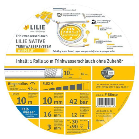LILIE wąż do zimnej wody pitnej WeißGELB 10 x 16 mm, 10 m - TPU, kamper i przyczepa